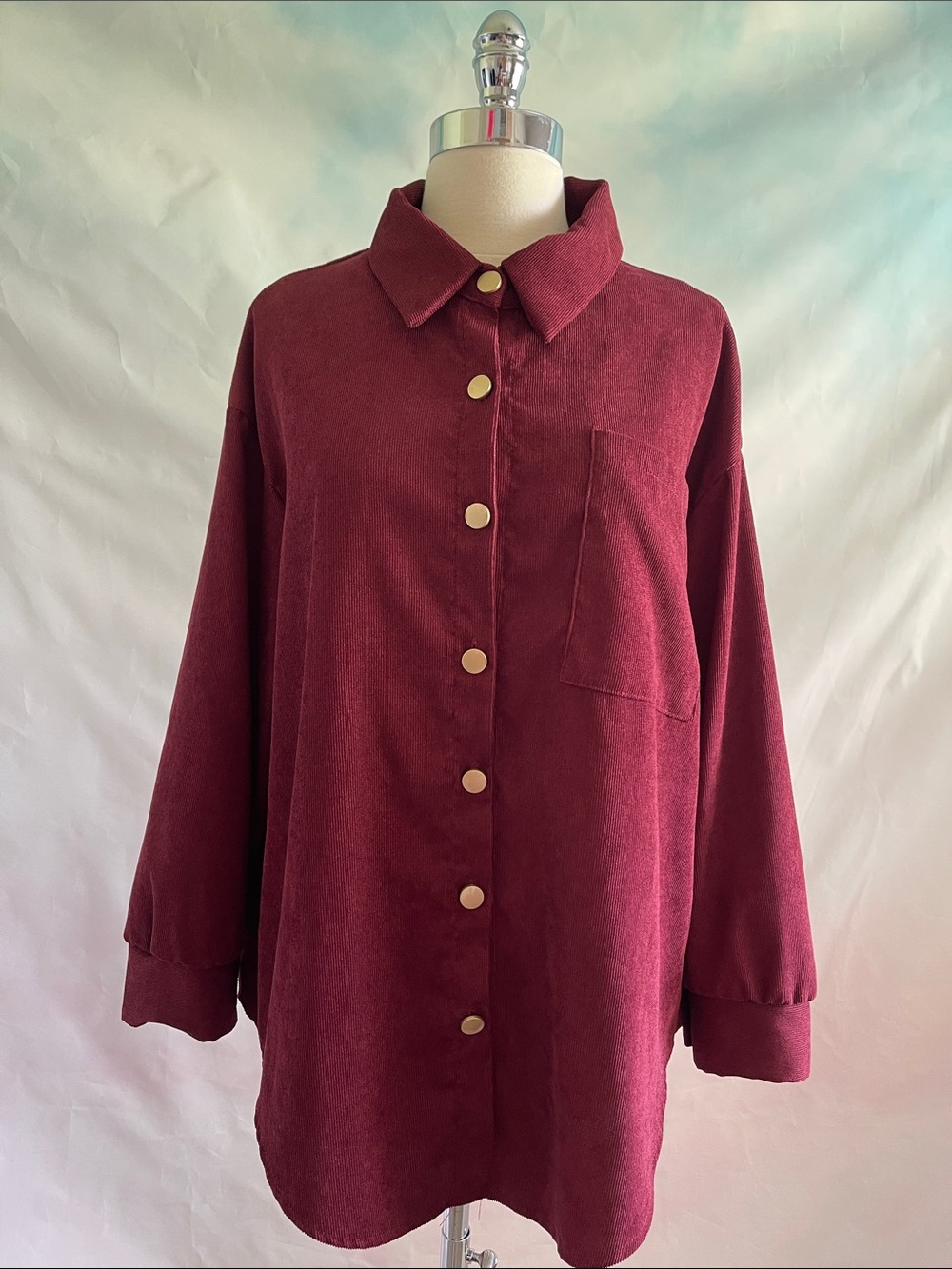 Women's Burgundy Button-Up Corduroy Shirt Jacket